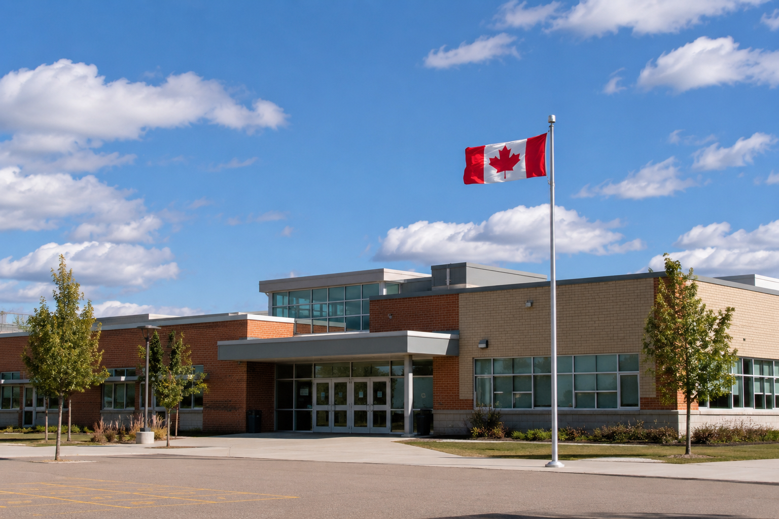 A Canadian public school exterior with a flagpole flying the Canadian flag