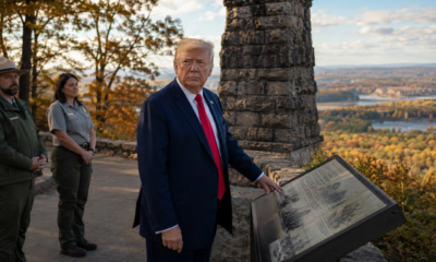 President Donald Trump at a national park beside a National Park Service sign and monument