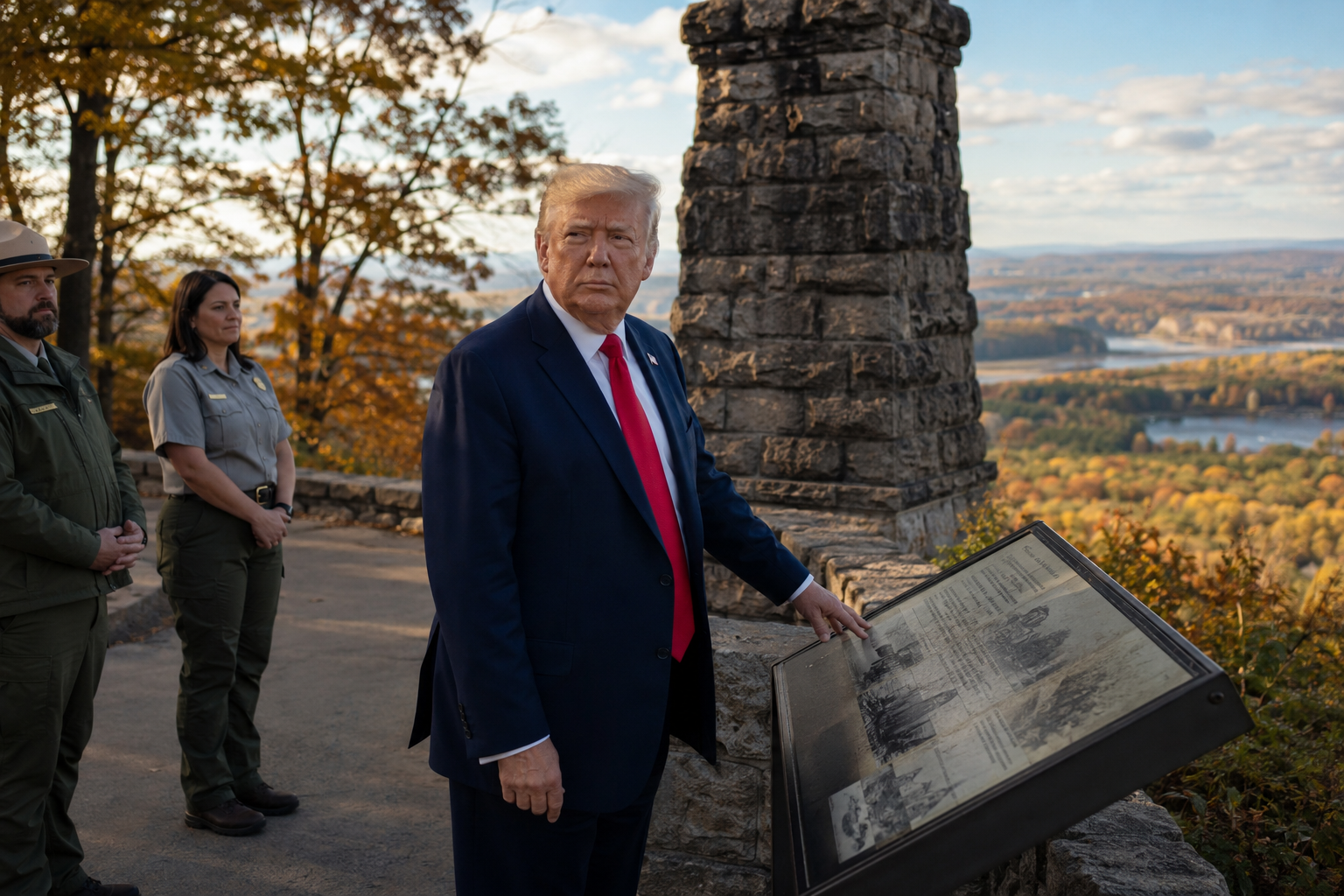 President Donald Trump at a national park beside a National Park Service sign and monument