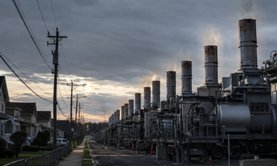 Industrial gas turbines beside a residential neighborhood