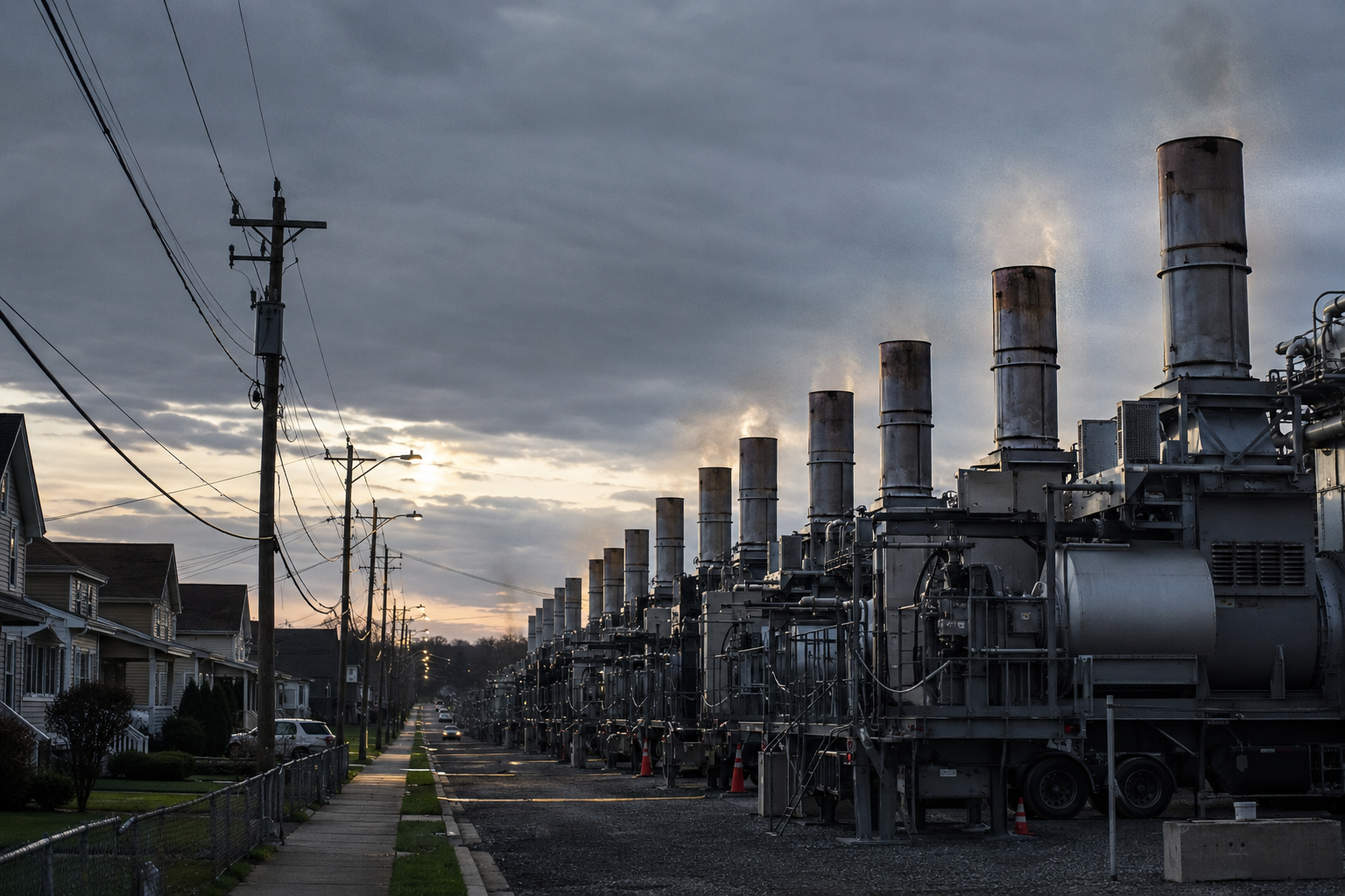 Industrial gas turbines beside a residential neighborhood