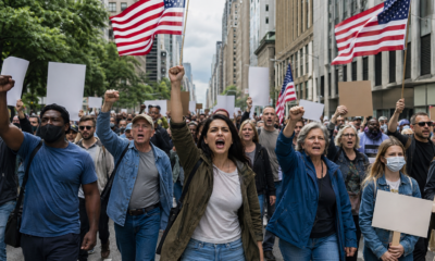 Large crowd of American protesters marching with flags