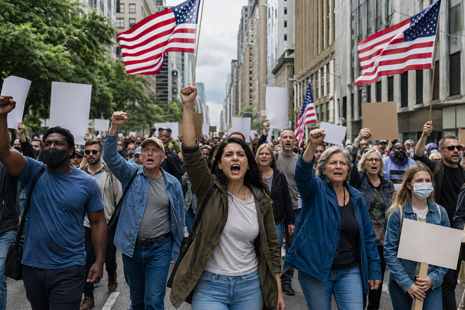 Large crowd of American protesters marching with flags
