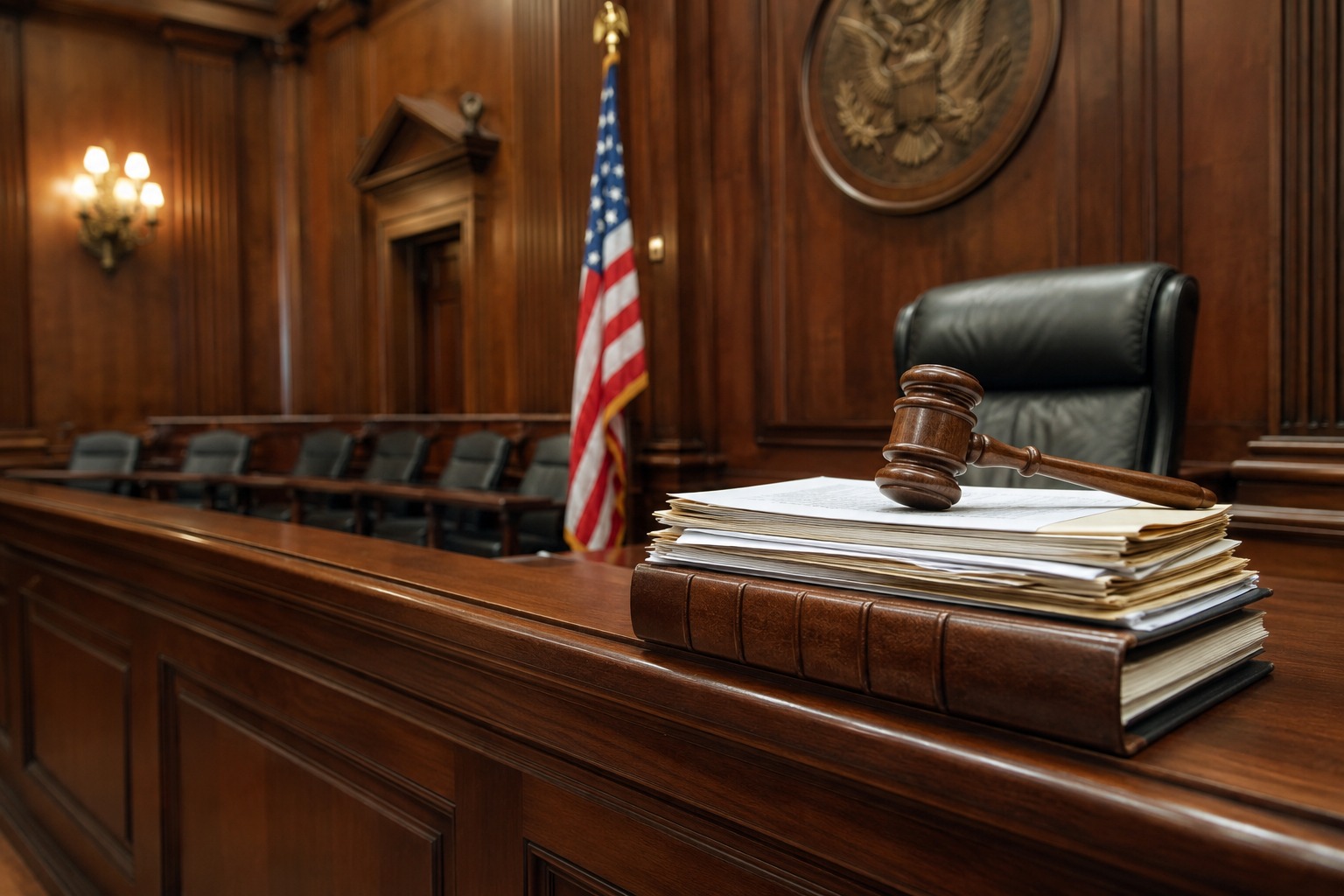 Federal courtroom interior with a judge's gavel resting on legal documents