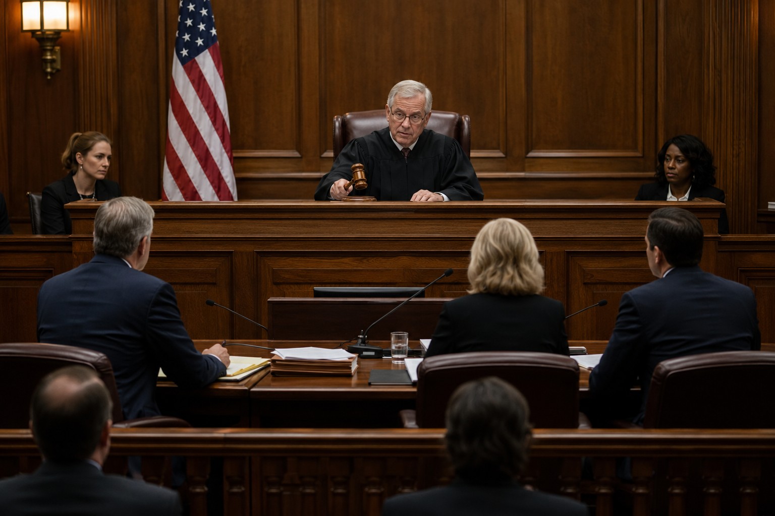 A federal judge delivers a ruling from the bench in a wood-paneled courtroom