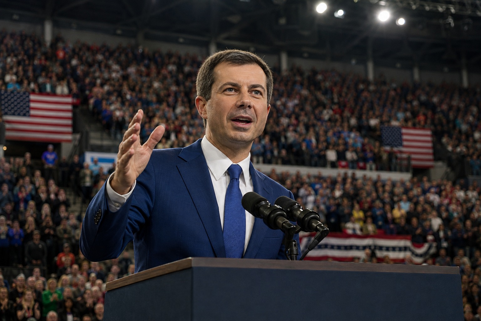 Pete Buttigieg speaking at a Michigan rally